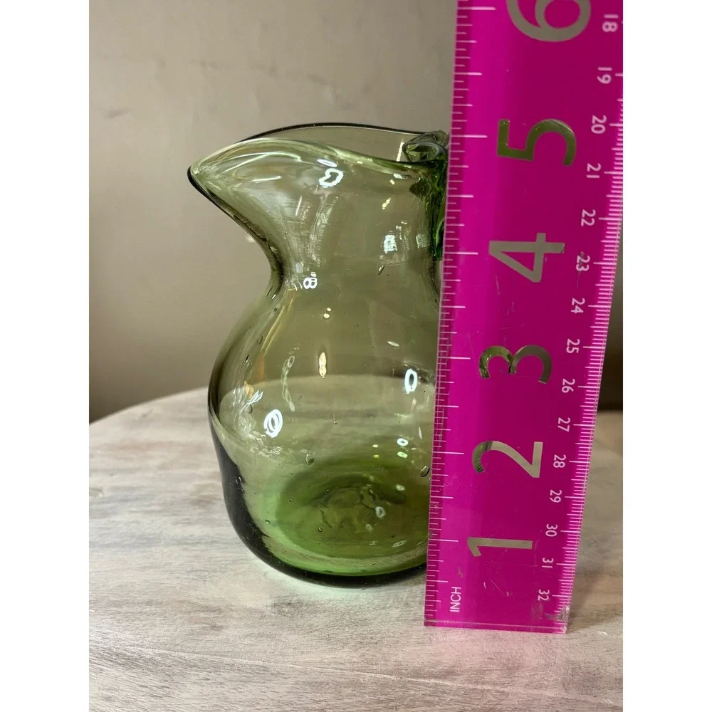 Vintage Hand Blown Green Glass Mini Pitcher Applied Handle Seed Bubbles Creamer
